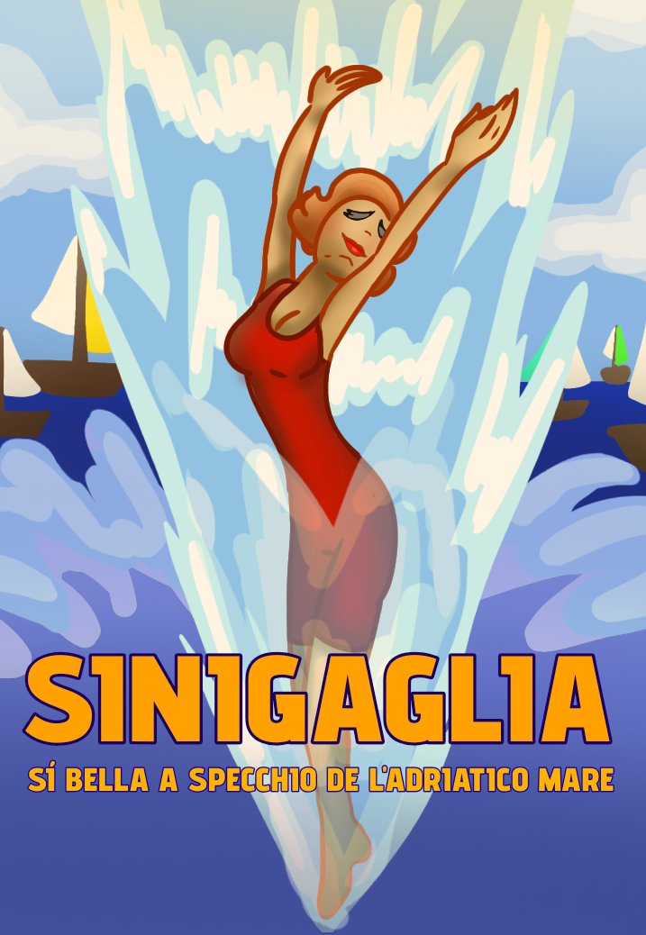 Manifesto illustrato con una nuotatrice in costume rosso che si tuffa tra spruzzi d’acqua stilizzati e barche a vela, e la scritta «Sinigaglia, sì bella a specchio de l’Adriatico mare».